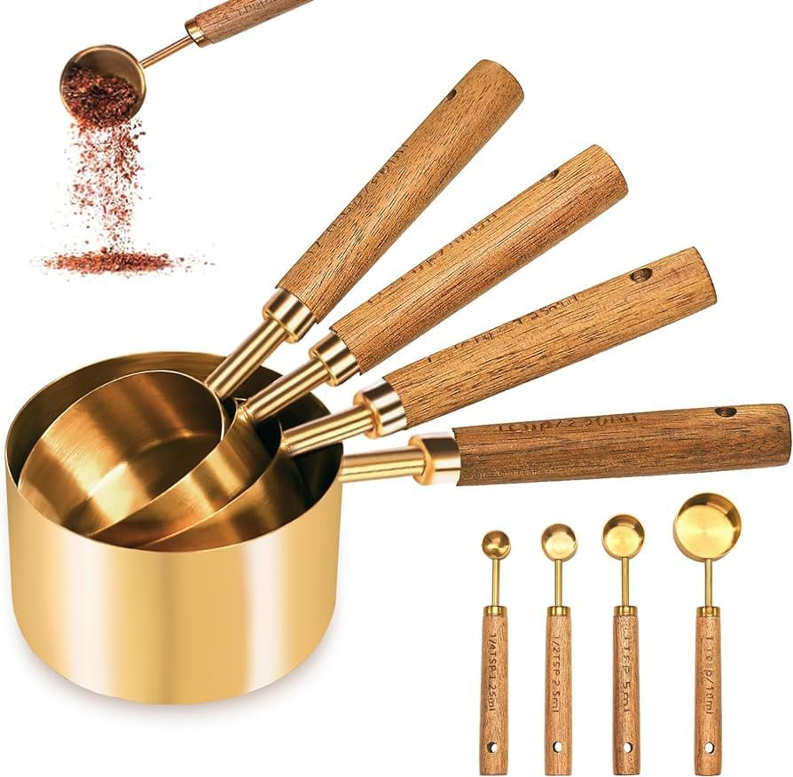 Gold Measuring Cups and Spoons Set, Wood Handle with Metric and US Measurements, Stainless Steel ... | Amazon (US)