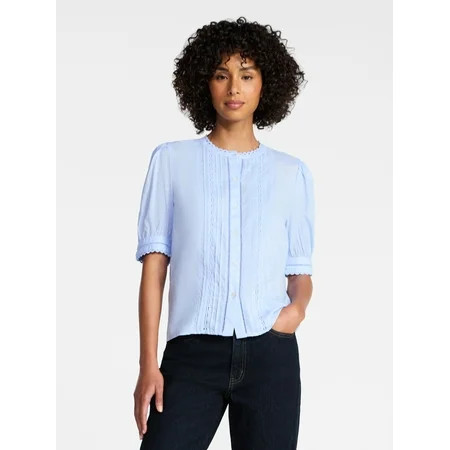 Time and Tru Women's and Women's Plus Cotton Lace Inset Blouse with Elbow Length Sleeves, Sizes XS-4X | Walmart (US)