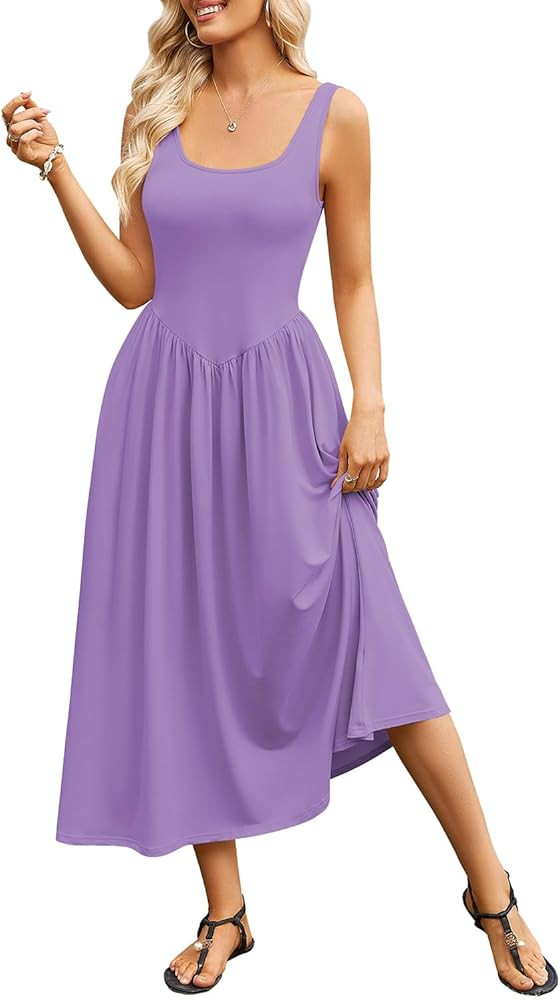 Naggoo Women's Summer Long Maxi Dress Casual Square Neck Sleeveless Tank Dresses Knit Pleated A L... | Amazon (US)