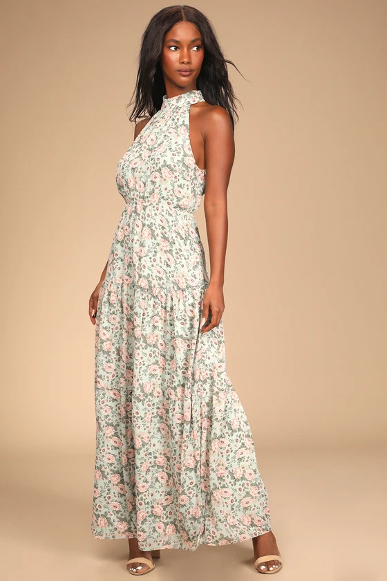 Grow Your Garden Sage Floral Print Tiered Halter Maxi Dress | Lulus (US)