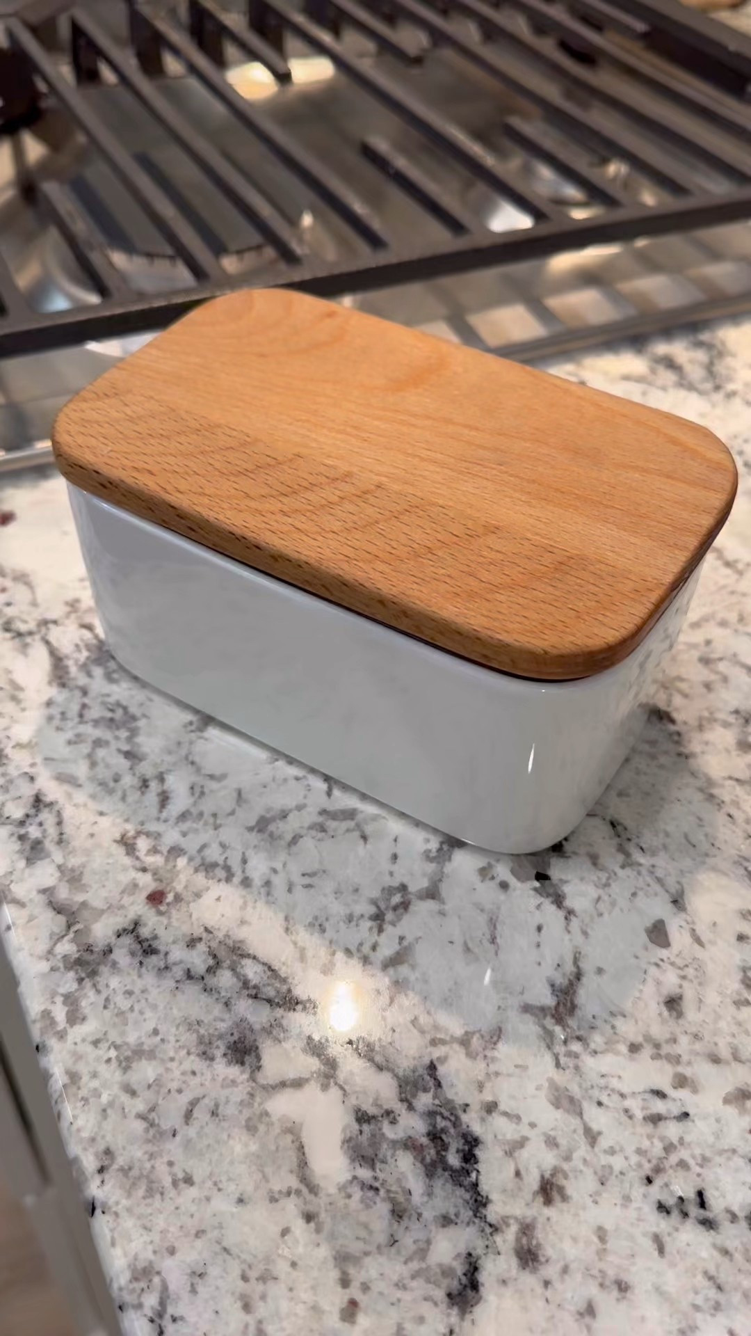 Countertop Butter Dish with airtight lid. We’ve had this five years! Easily fits two skinny sticks or one large block  