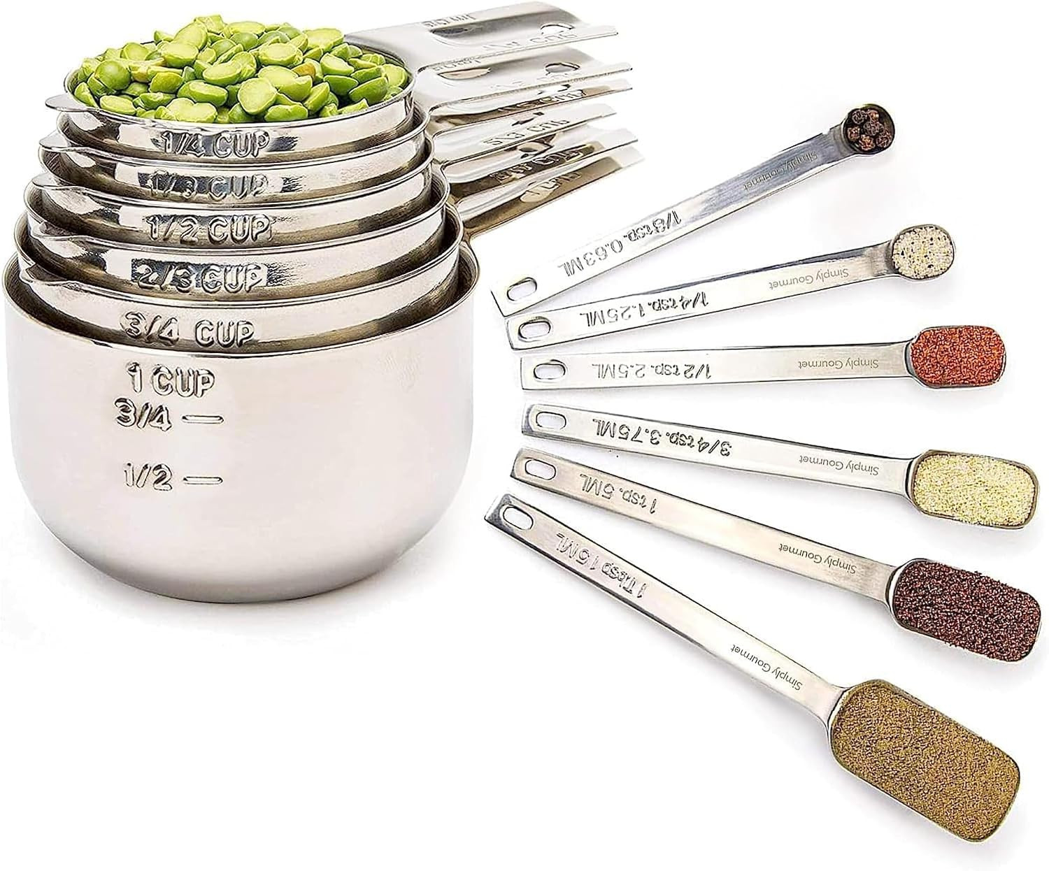 Simply Gourmet Measuring Cups & Spoons Set of 12, 18/08 Stainless Steel Kitchen Gadgets, Stackable Design with Long Handle Spoons, Fits in Spice Jars, Cooking & Baking Set for Dry & Liquid | Amazon (US)