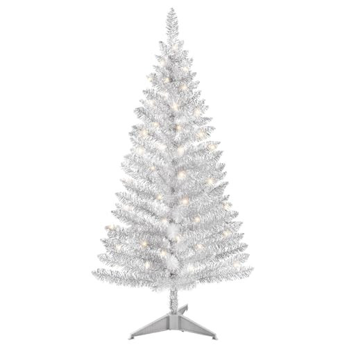 4ft Lighted Artificial Silvery Christmas Tree, Not Pre-lit Silvery Tinsel Pine Trees with Lights, Ideal for Ideal for Home, Office, and Xmas Party Décor - Includes Stand | Amazon (US)