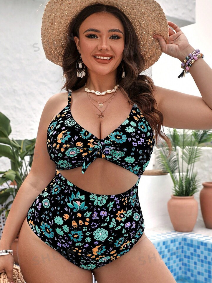 SHEIN Swim Curve Plus Floral Print Cut-out Knot Front One Piece Swimsuit | SHEIN