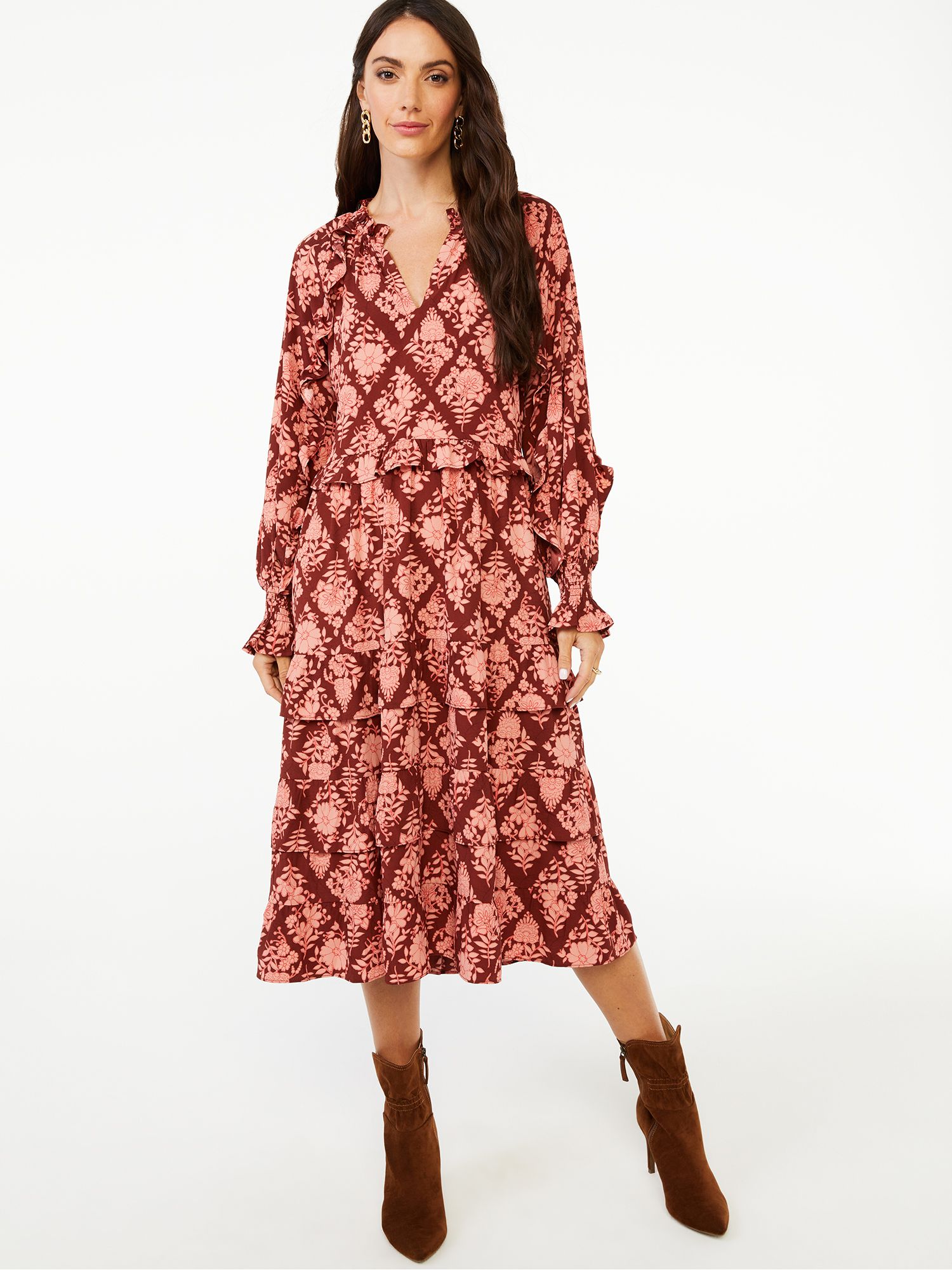 Scoop Women's Tiered Midi Dress with Long Sleeves - Walmart.com | Walmart (US)