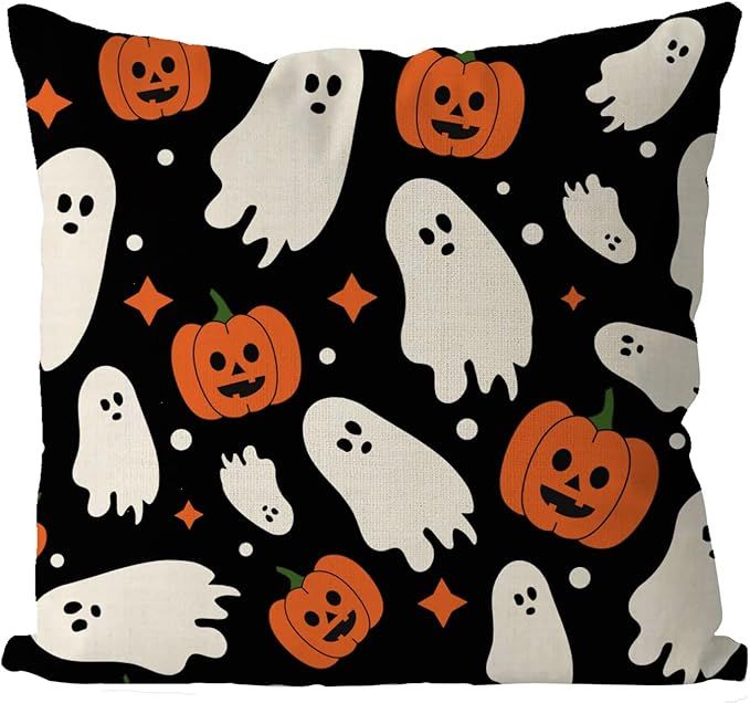 Halloween Pillow Covers 18x18 Inch Ghost Pumpkins Linen Pillowcase Holiday Farmhouse Throw Pillow... | Amazon (US)