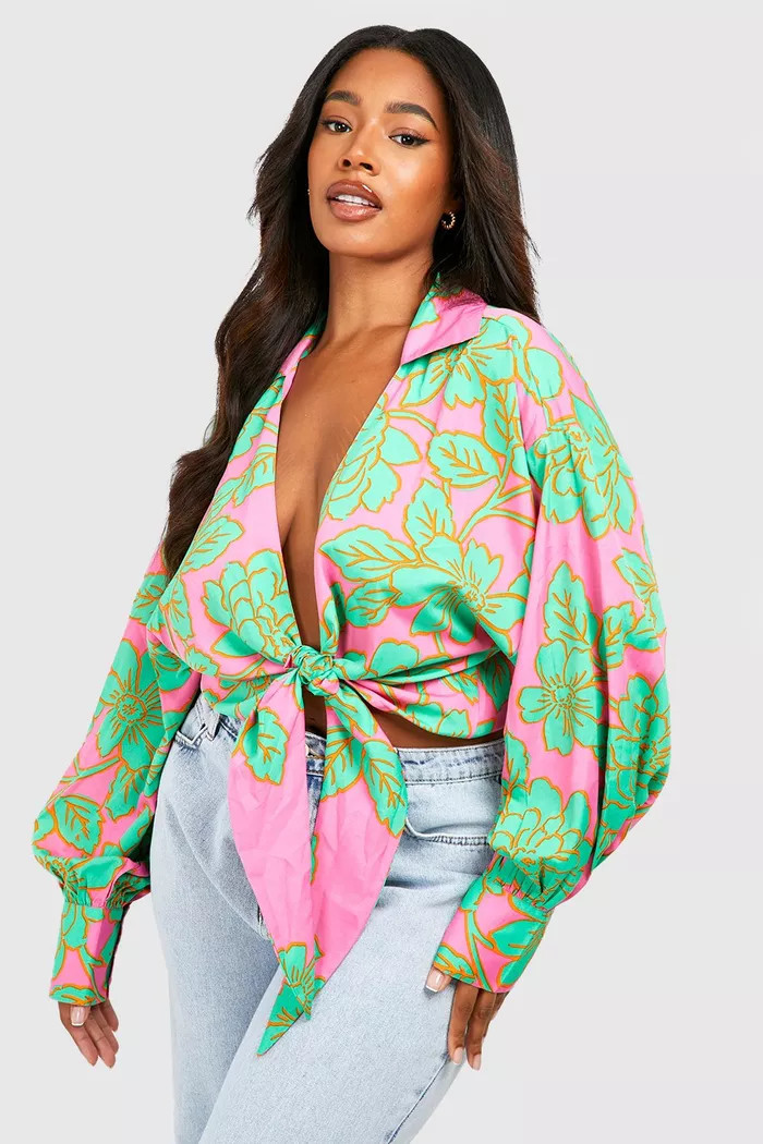 Plus Floral Tie Front Shirt | boohoo (US & Canada)
