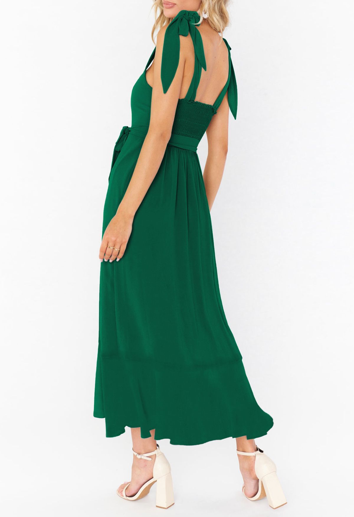 Ruffle Hem Tie-Shoulder Cami Dress in Green | Chicwish