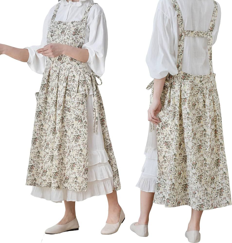 TALIBSA Pinafore Apron Dress，Japanese Cotton Linen Cross Back Apron for Women with Pockets，Pi... | Amazon (US)