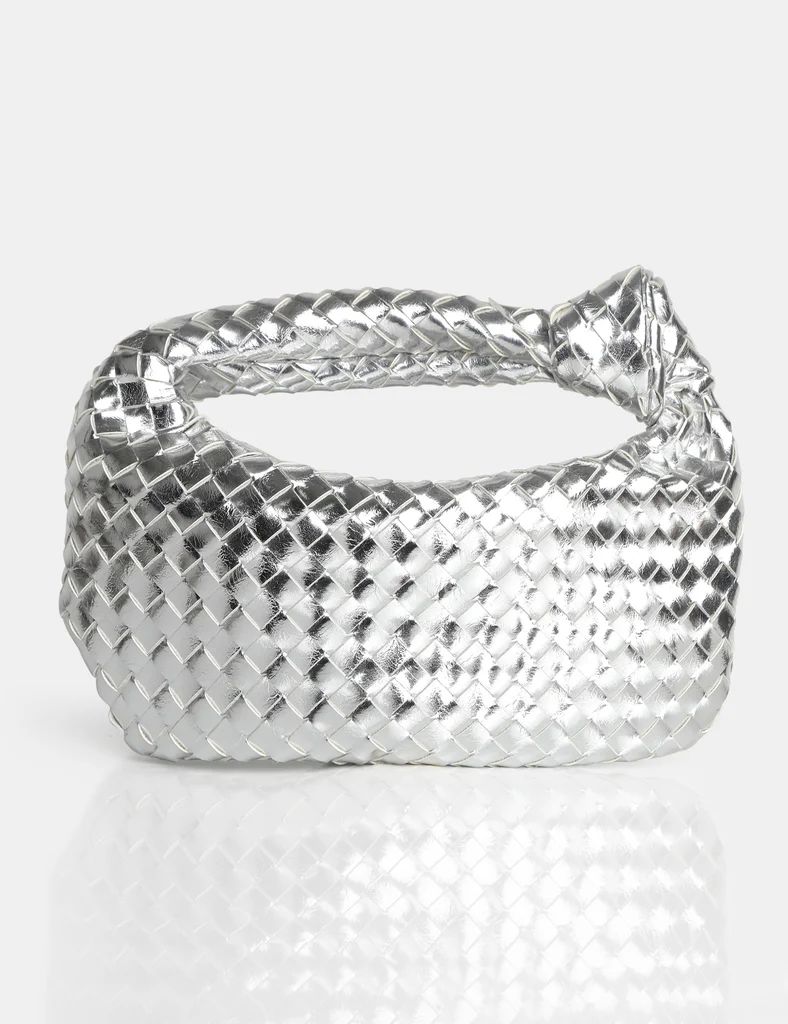 The Blame Metallic Silver Mirror Woven PU Knot Detail Mini Grab Bag | Public Desire