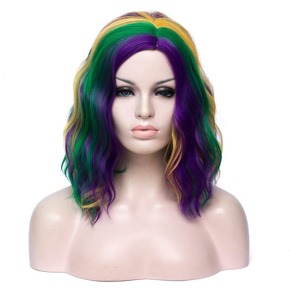 Mardi Gras Wigs for Women 14'' Short Curly Wavy Purple Green Yellow Hair Wig Cute Fashion Colorfu... | Amazon (US)