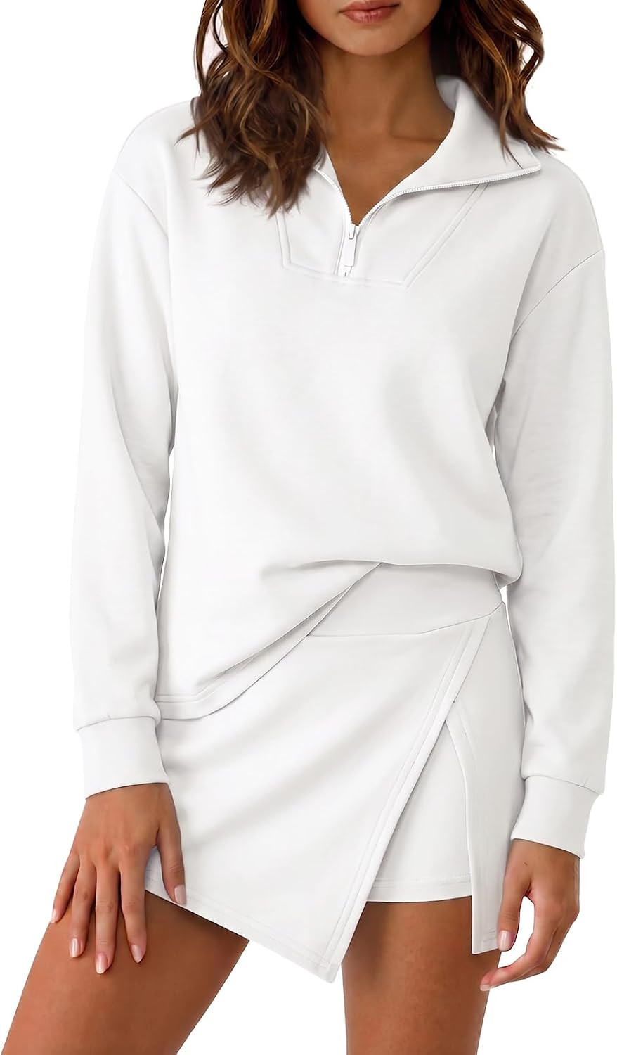 Fisoew Womens 2 Piece Skirt Sets Half Zip Sweatshirt Athletic Skorts | Amazon (US)