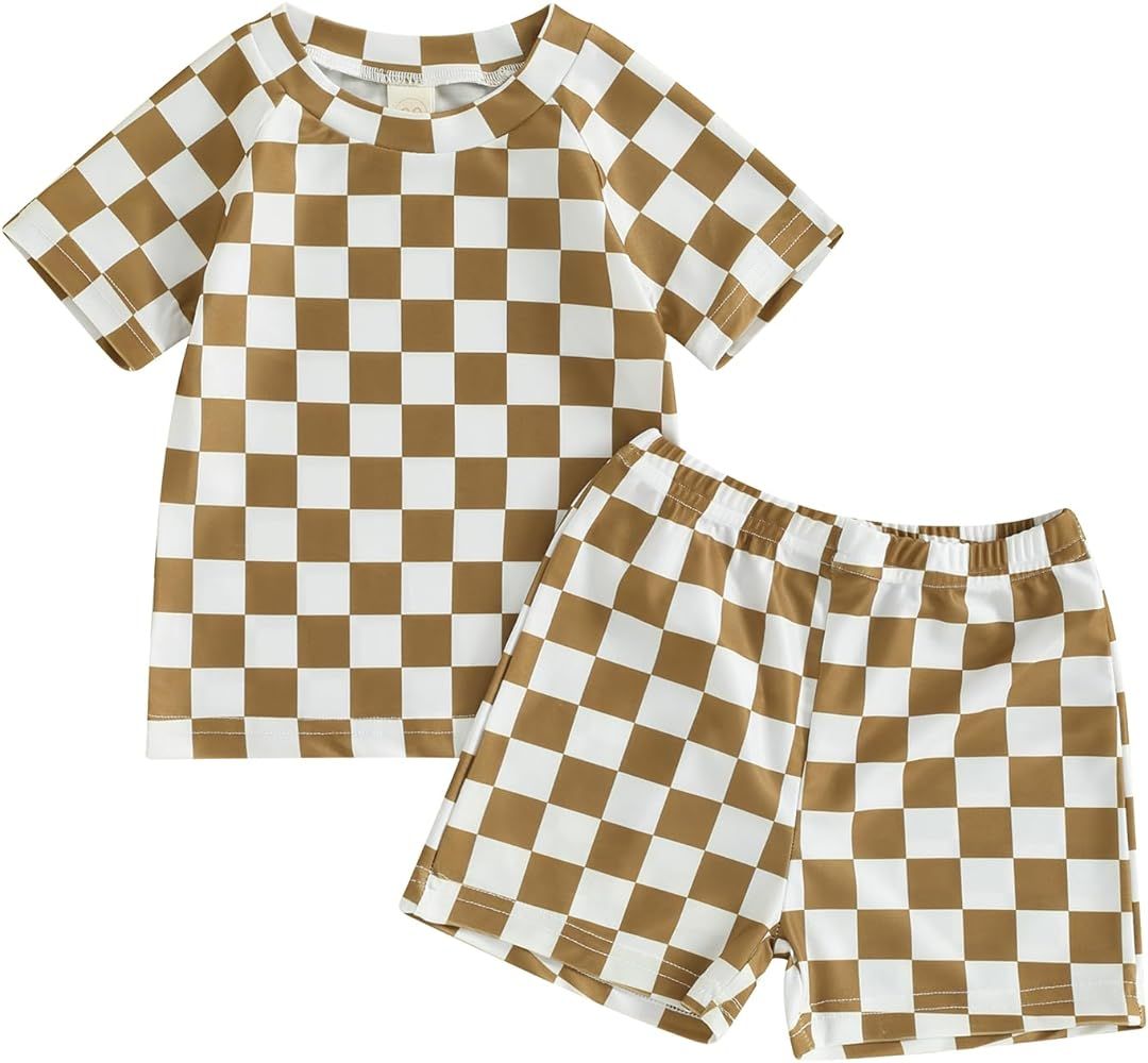 AEEMCEM Toddler Baby Boy Two Piece Swimsuit Set Checkered Short Sleeve Rashguard Swimwear Bathing... | Amazon (US)
