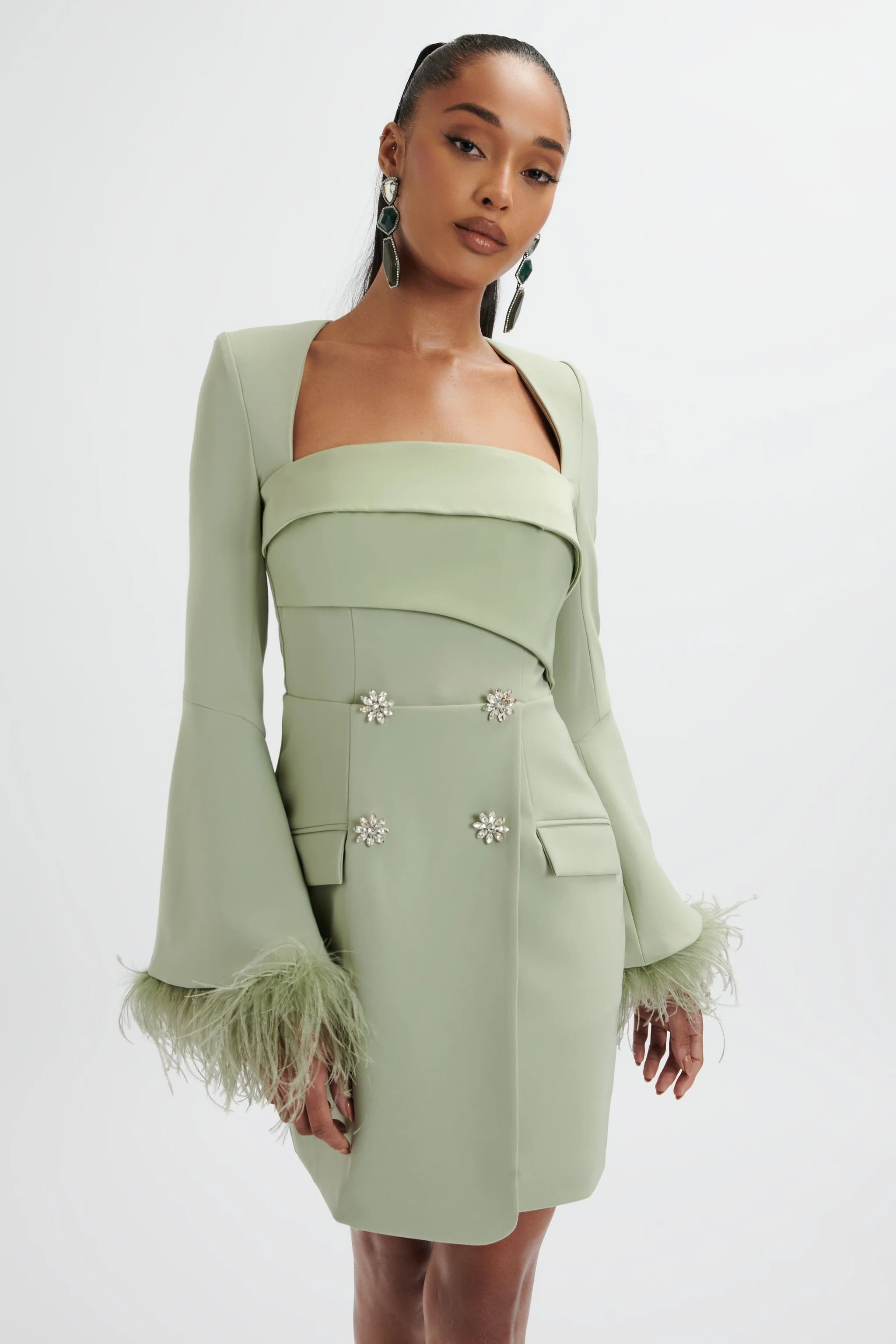 IONA Fluted Feather Sleeve Blazer Dress In Sage Green | Lavish Alice Retail Ltd