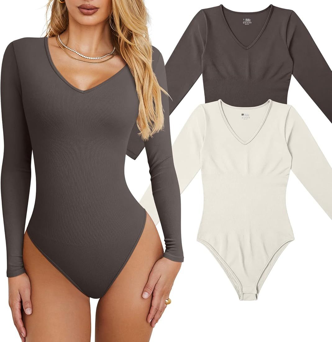 OQQ Women's 2 Piece Bodysuits Sexy Ribbed T Shirt One Piece V Neck Long Sleeve Bodysuits | Amazon (US)