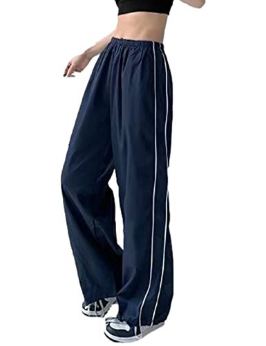 Shebote Womens Parachute Pants Wide Leg Baggy Y2K Elastic Waist Jogger Sweatpants Track Pants Streetwear(0046-DarkBlue-L) | Amazon (US)
