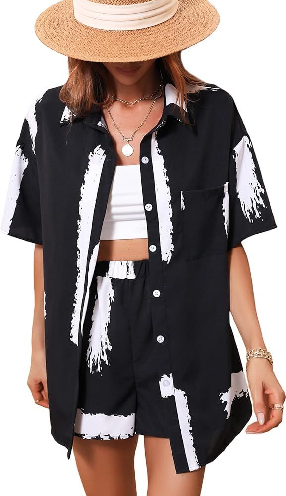 Amazon.com: MakeMeChic Women's Boho 2 Piece Outfits Tropical Open Front Kimono Blouse and Shorts ... | Amazon (US)