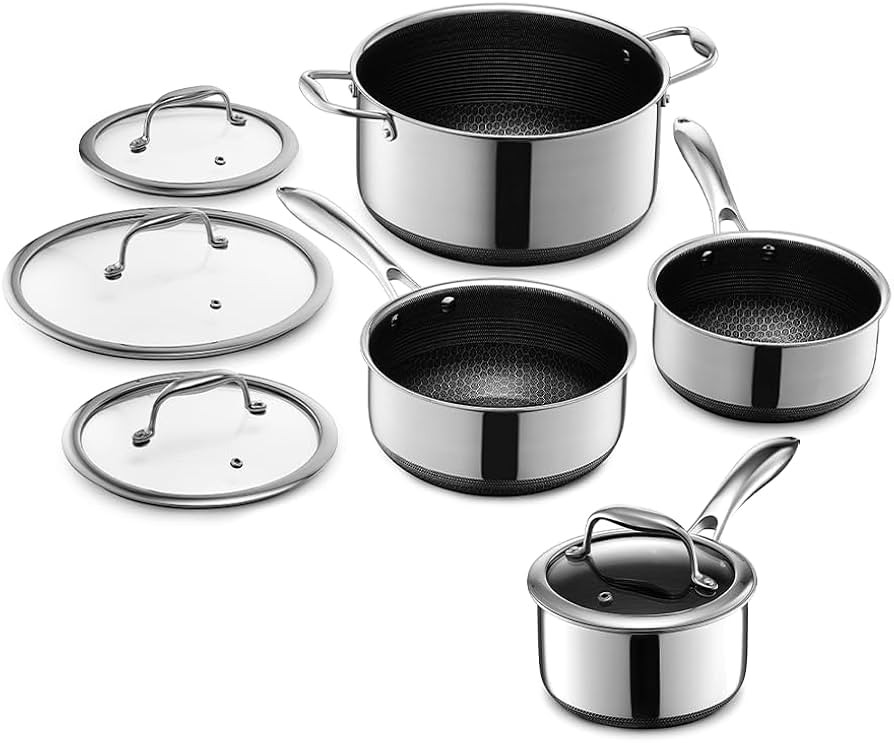 HexClad 8 Piece Hybrid Stainless Steel Cookware Pot Set - 6 Piece Pot Set and 1 Quart Pot Saucepa... | Amazon (US)