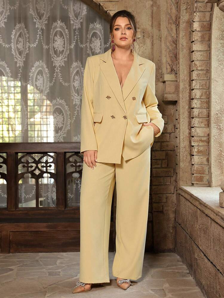 VOLUPTÉ CURVE Plus Size Spring/Summer Yellow Suit Set, Urban Minimalist Style, Matte Fabric, Light Yellow, Double-Breasted Lapel, Long Sleeve, Straight Leg Pants, High-End Commuter/Office Wear Blazer Suit For Women Set Women's Suits Classy Coords Outfit For Women Trouser Suits For Weddings Yellow Business Suit Set Trending Yellow Suit Set With Metal Decoration Girl Boss Business Suit Set Four Season Suit Set Graduation Suit Set Office Suit Set | SHEIN