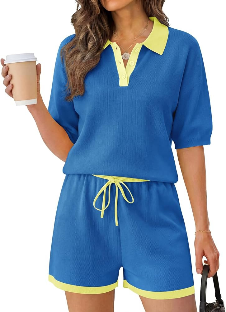 Tankaneo Womens 2 Piece Sweater Short Sets 2026 Summer Vacation Outfits Short Sleeve Knit Collare... | Amazon (US)