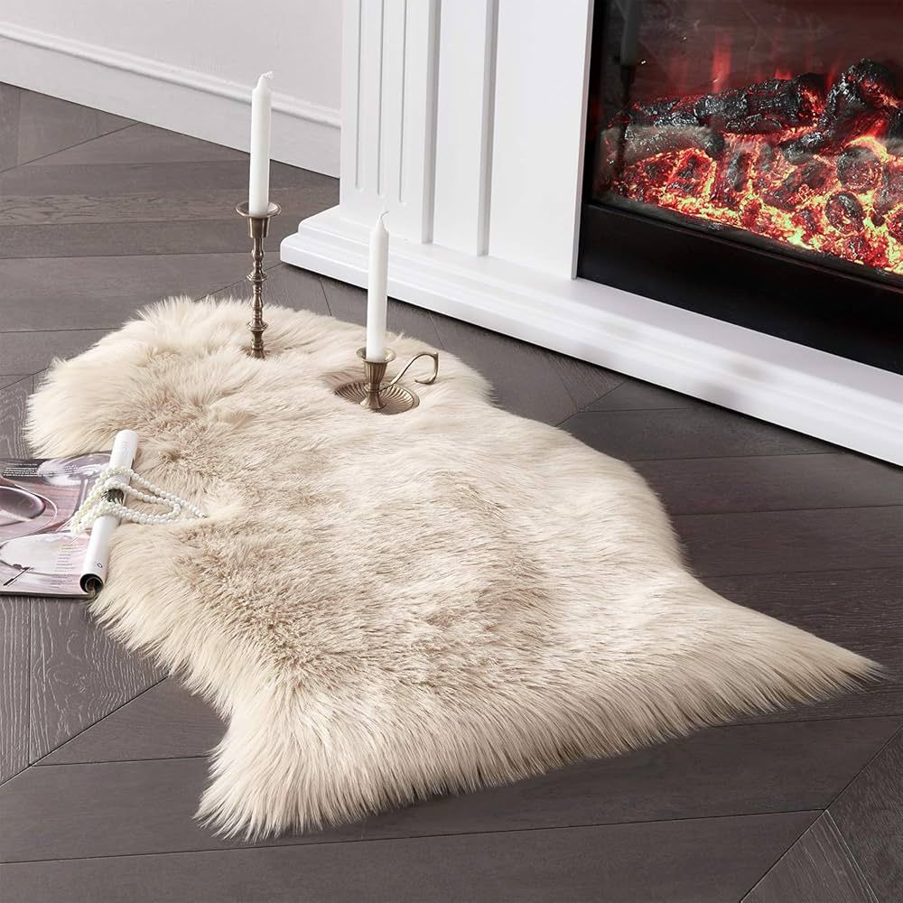 SERISSA Faux Sheepskin Fur Area Rug Beige Fur Chair Cover Seat Pad Small Fuzzy Rug for Bedroom Fl... | Amazon (US)