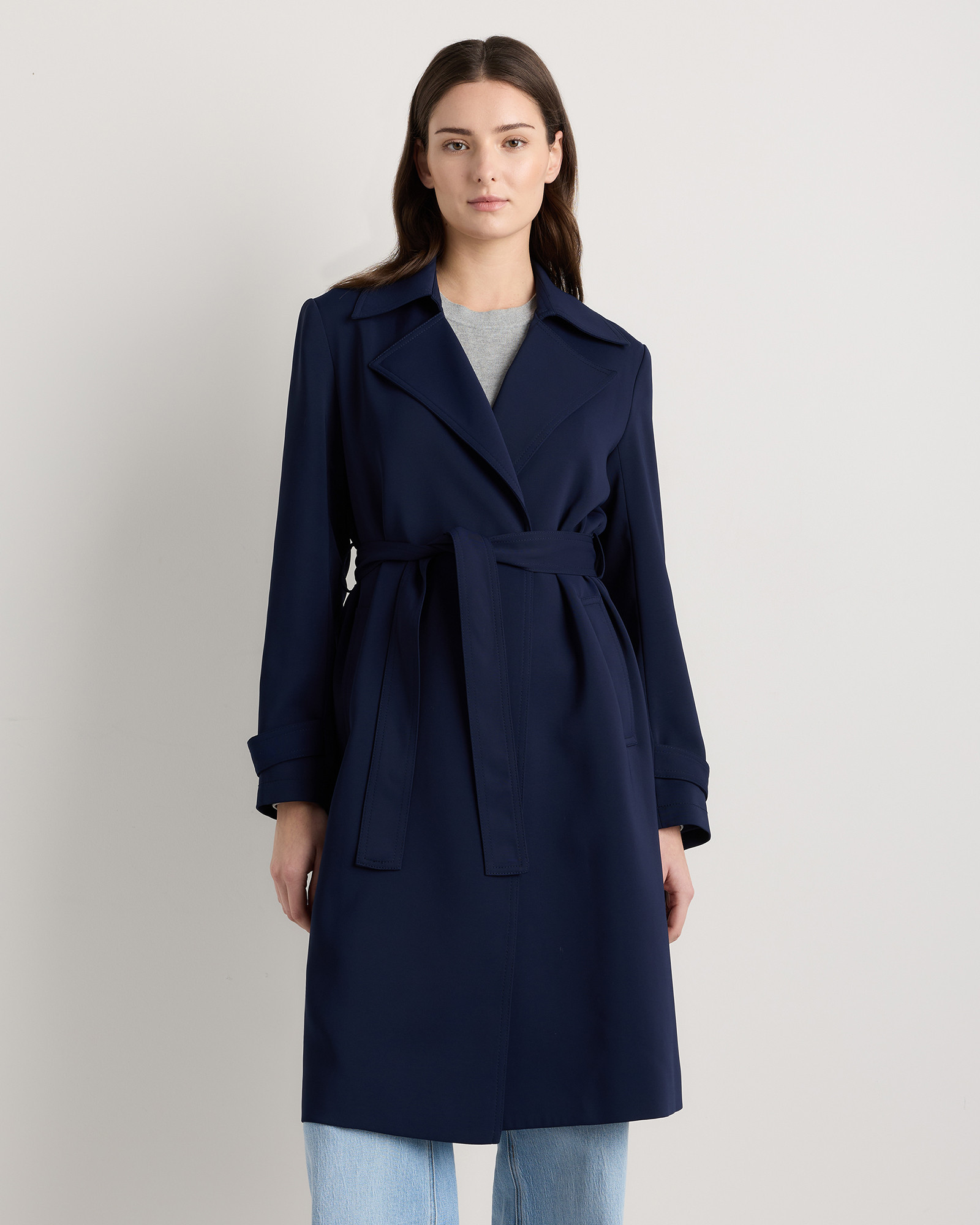 Quince | Women's Stretch Crepe Trench Coat in Navy, Size Medium, Recycled Polyester | Quince