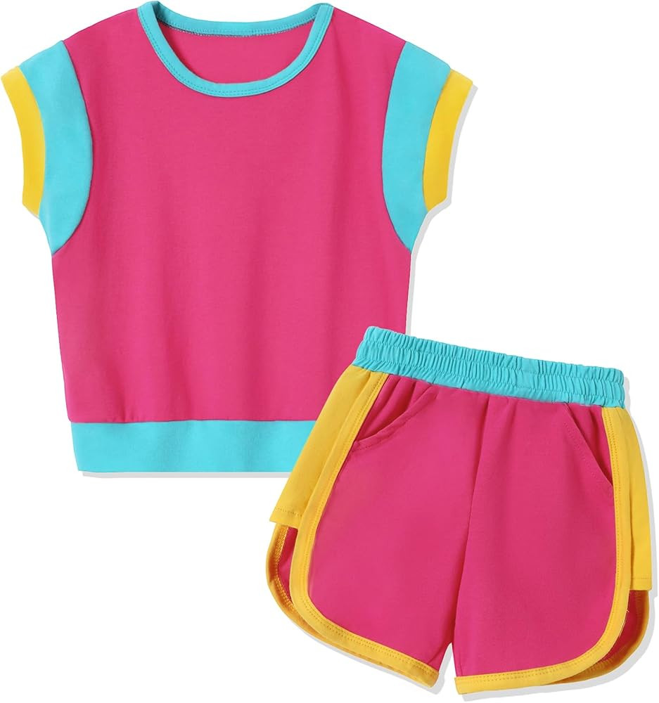 SANMIO Toddler Girl Clothes Summer Toddler Girls Color Block Short Sleeve Shorts Sweatsuit Outfit... | Amazon (US)