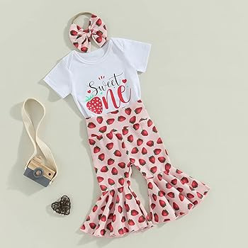 Baby Girl 1st Birthday Outfits Sweet One Romper Strawberry Flare Pants Set One Year Old Birthday ... | Amazon (US)