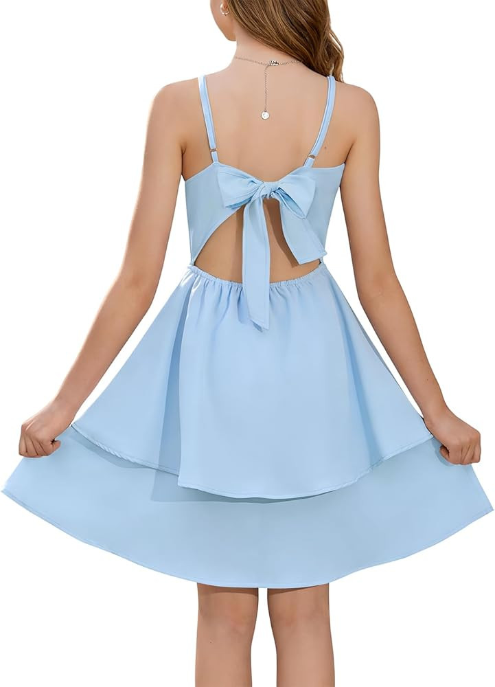 Haloumoning Girls Tie Back Dress Kids Spaghetti Strap Layered Ruffle Summer Beach Sundress 5-14 Y... | Amazon (US)