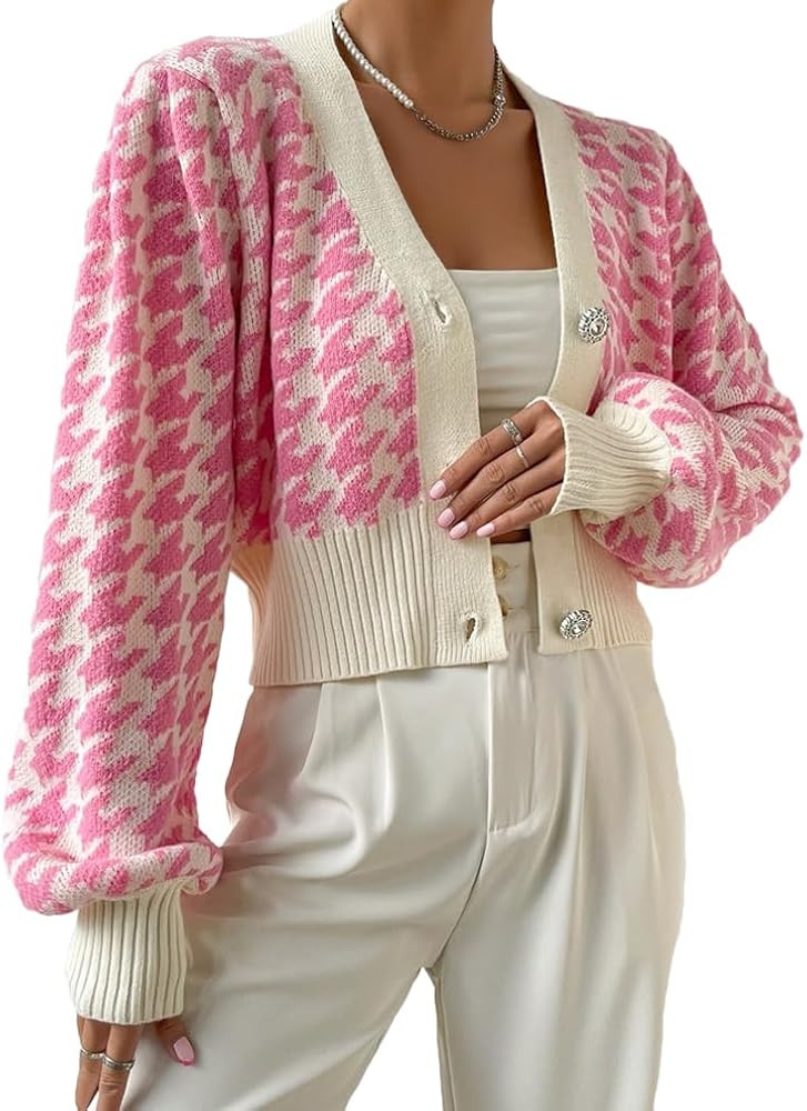 Women Houndstooth Print Button Down Crop Sweater Cardigan Lantern Sleeve V Neck Drop Shoulder Cas... | Amazon (US)