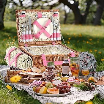 Picnic Basket Set for 4 with Waterproof Blanket Mat Insulation Bag Wicker Pink Floral Classic Fre... | Amazon (US)