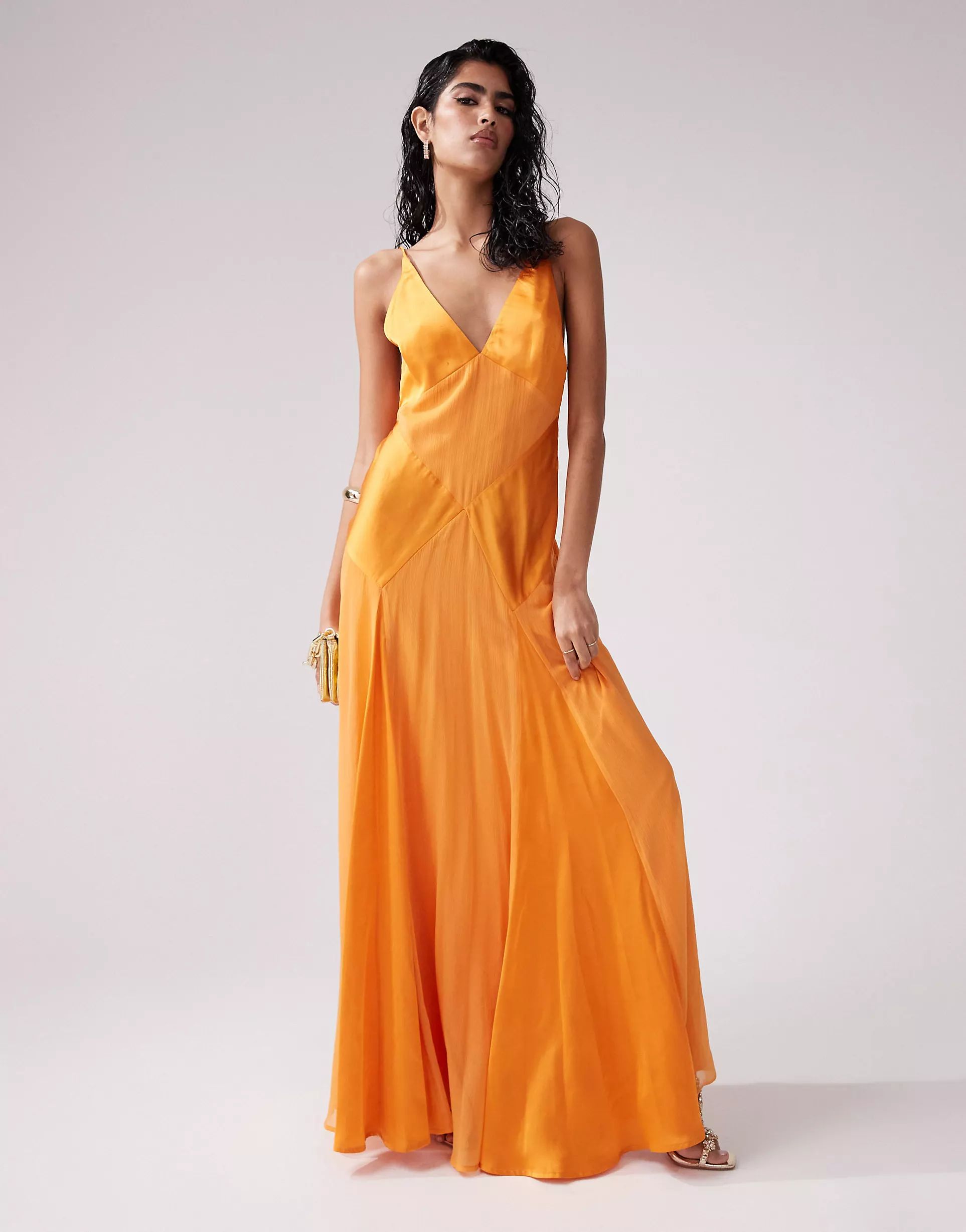ASOS DESIGN satin cami maxi dress with sheer panel details in orange | ASOS (Global)