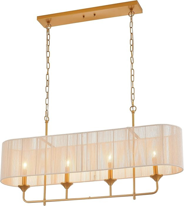 42” Boho Chandelier Brass and White Hand Woven Rattan Pendant Light Linear Large Island Light f... | Amazon (US)
