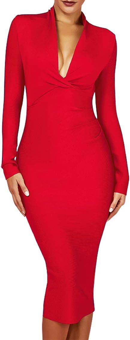 UONBOX Women's Deep Plunge V Neck Long Sleeves Draped Knee Length Bodycon Bandage Dress | Amazon (US)