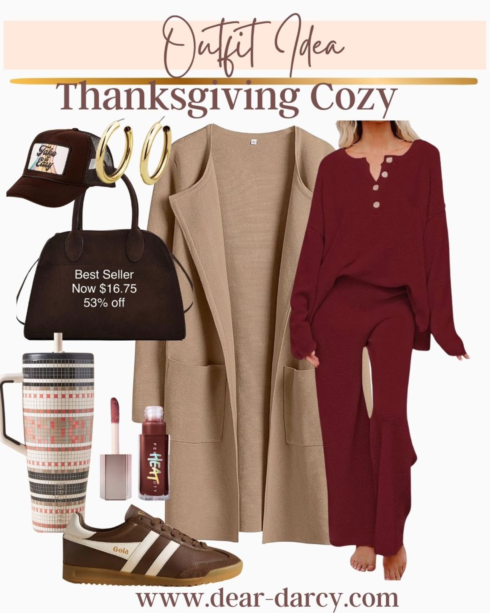 Thanksgiving day cozy outfit 

Cute and cozy a mix of Amazon finds and fun picks

Lounge set Amazon find under $45 fits tts

Sweater coat cardigan fits tts under $50

Suede tote on major sale $20 for the large the small is $16

Cute ball cap

Super fun tumbler that keeps your drink cold for a full day

Brown suede tennis shoes

Fenty heat lip plumper 

Gold hoops $14


#LTKGiftGuide #LTKFindsUnder50 #LTKStyleTip