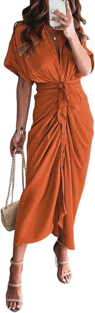 Women Elegant Satin Button Down Short Sleeve Maxi Shirt Dress with Belt | Amazon (US)