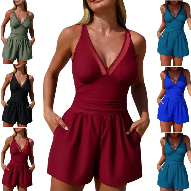 LEKWK Romper Swimsuits for Women One Piece Swim Dress with Pockets Mesh V Neck Tummy Control Shor... | Walmart (US)