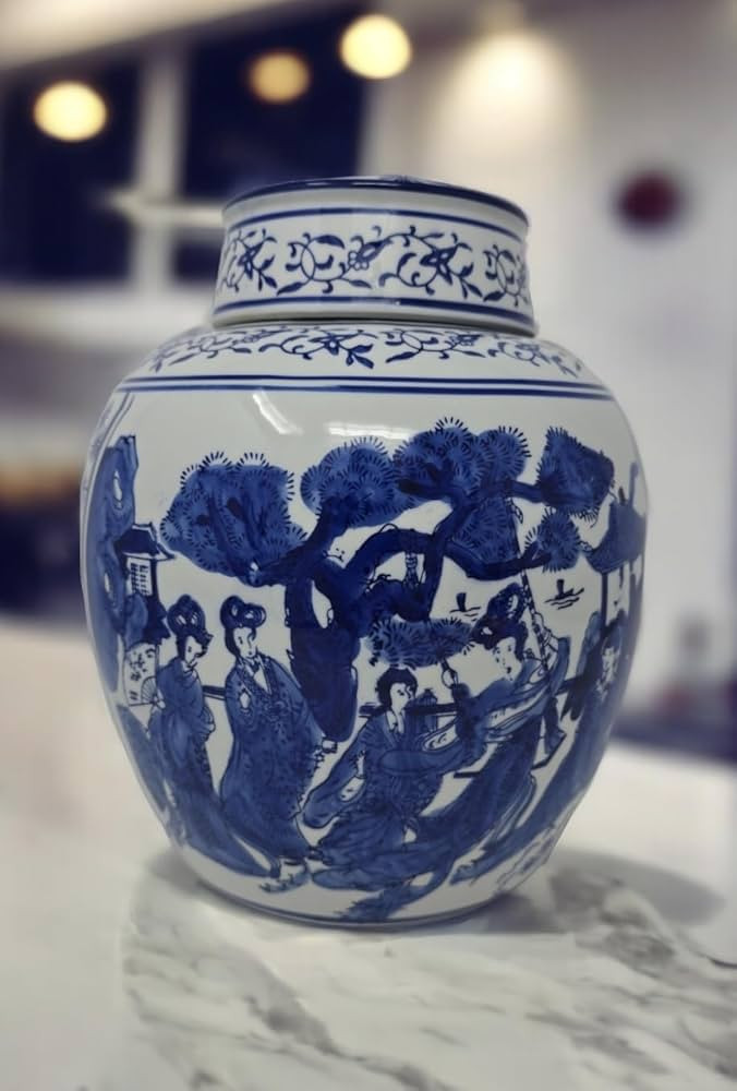 Festcool Blue and White Porcelain Ceramic Covered Jar Vase, Beautiful Antient Ladies , Jingdezhen... | Amazon (US)