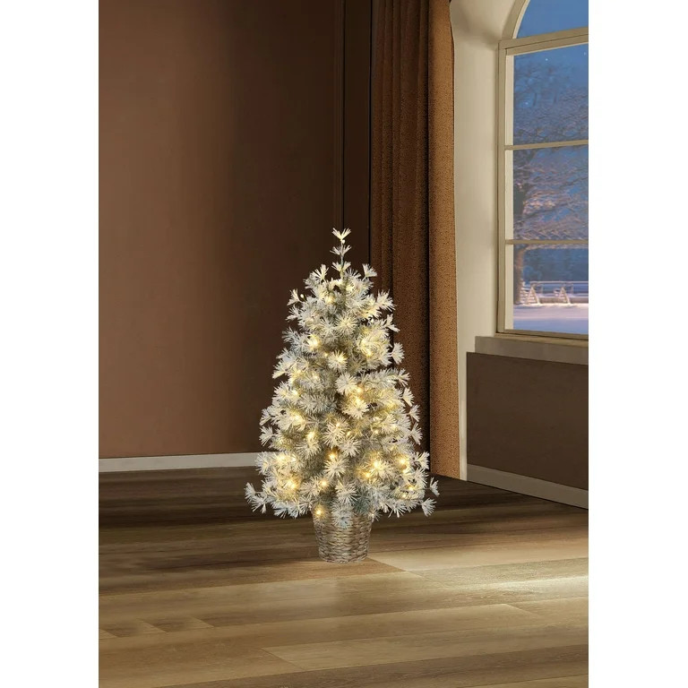 3.5' Pre-Lit Sparkle Green Flocked Artificial Potted Christmas Tree with Warm White Lights, by Ho... | Walmart (US)