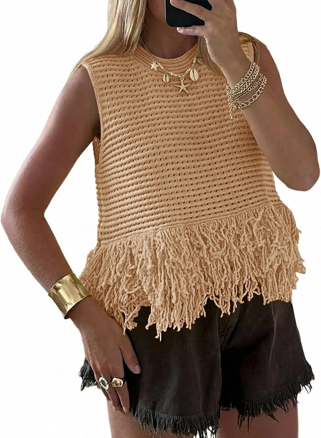 Saodimallsu Womens Crochet Crop Tank Tops Fringe Boho Summer Sweater Vest | Amazon (US)