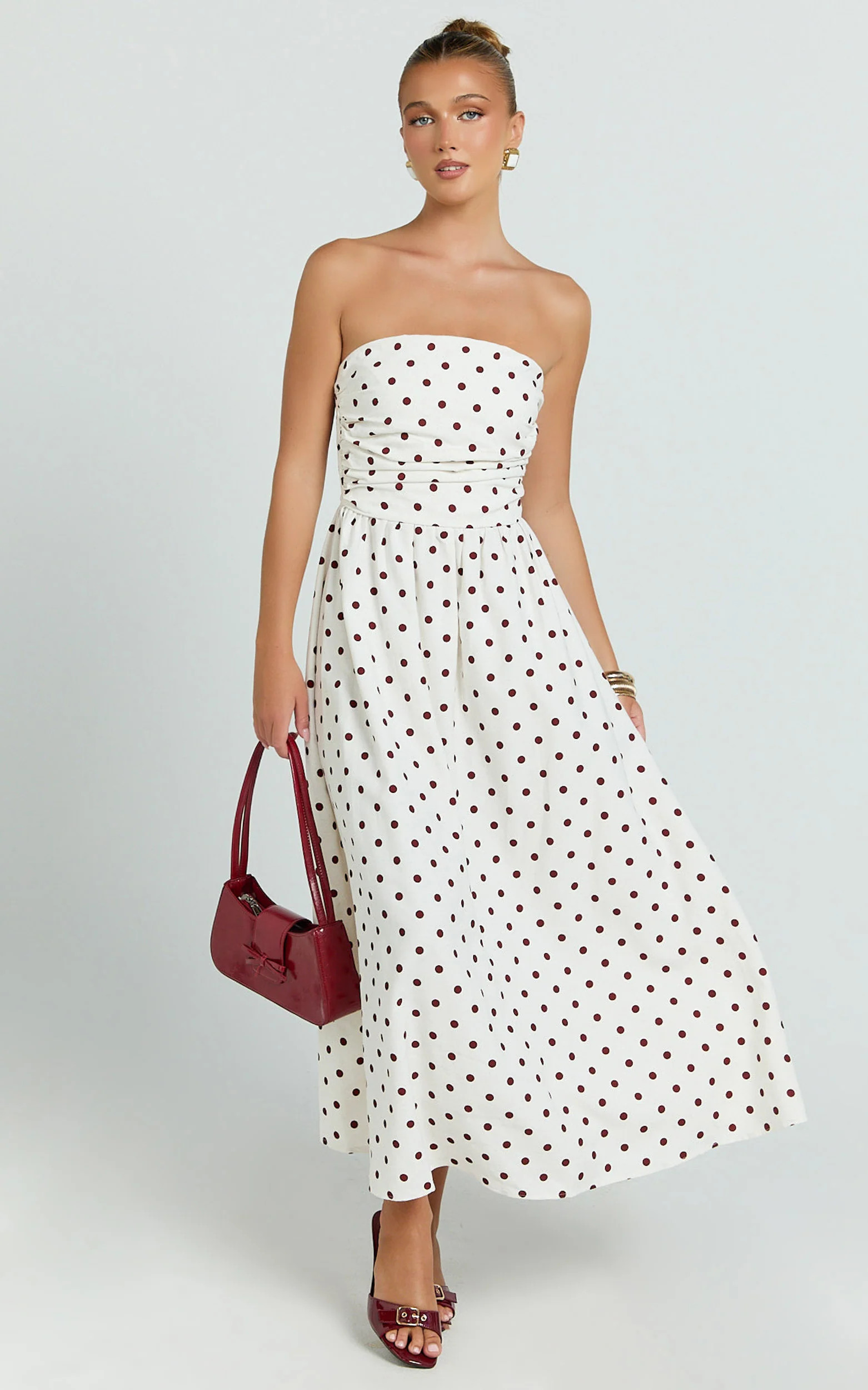 Polly Midi Dress - Strapless Ruched Dress in Red Polka Dot | Showpo (US, UK & Europe)