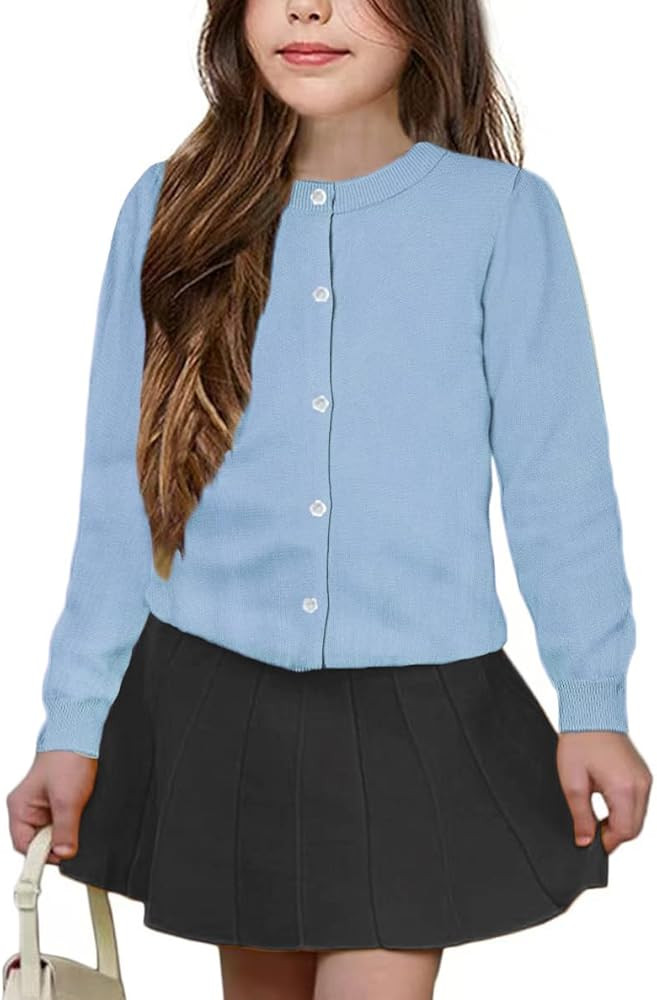 Girls' Cardigan Sweater [Cute Petal Buttons] Cotton Long Sleeve Crewneck Uniform Sweater for 5-14... | Amazon (US)