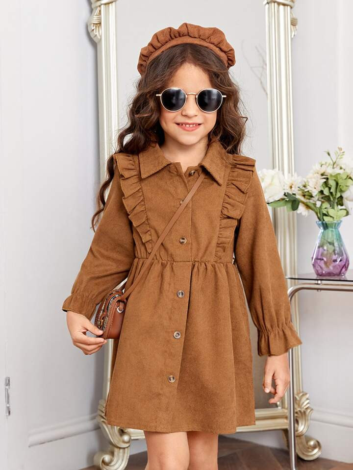 SHEIN Toddler Girls Ruffle Trim Flounce Sleeve Corduroy Dress | SHEIN