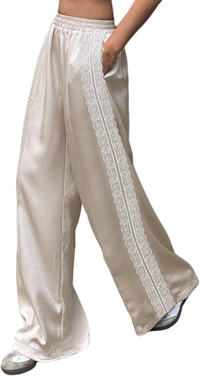 Women Satin Silk Lace Trim Pants Y2k Elastic Waist Wide Leg Pj Lounge Boxer Bottoms Trendy Causal... | Amazon (US)