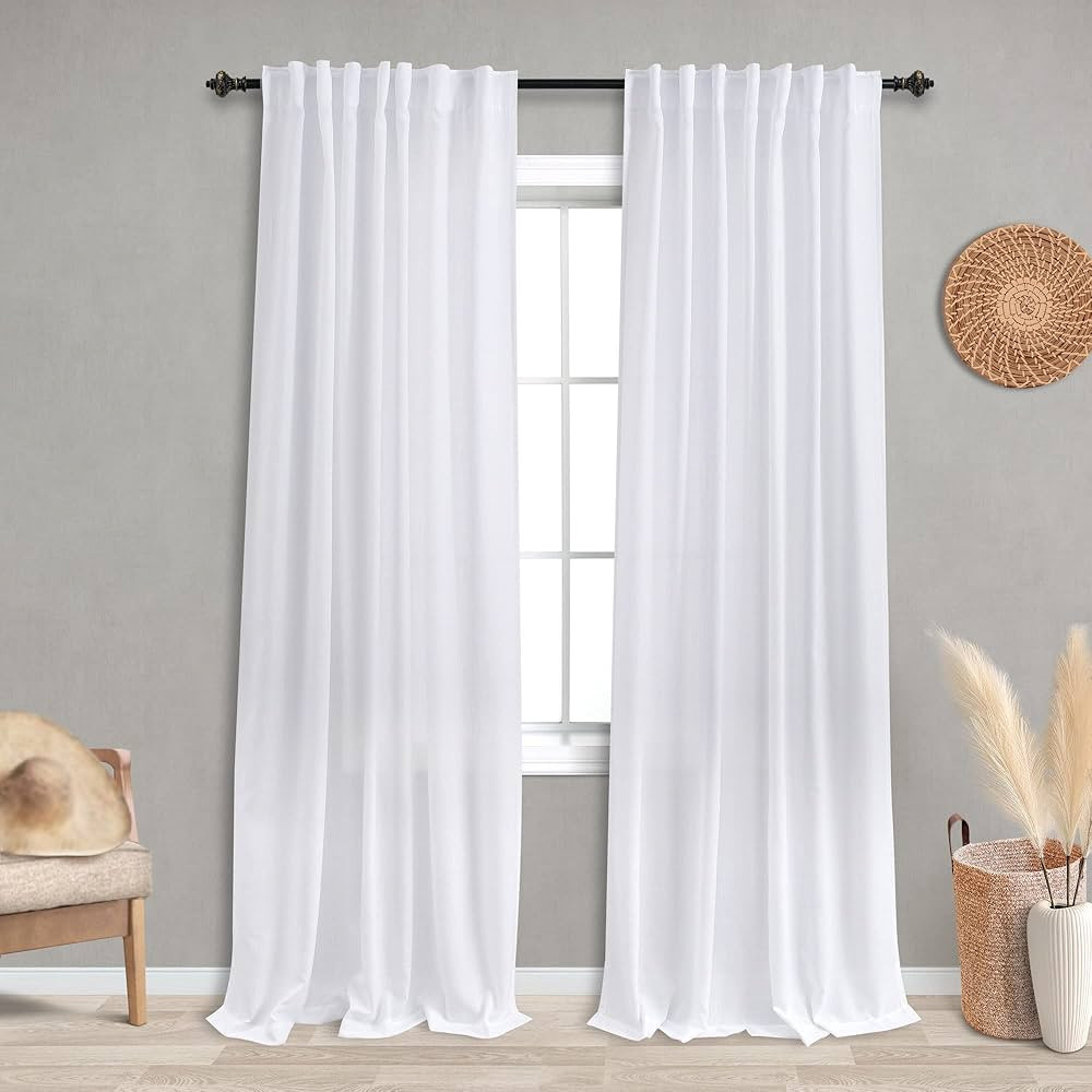 KOUFALL White Linen Sheer Curtains 96 Inches Long for Living Room 2 Panels Semi Light Filtering 5... | Amazon (US)