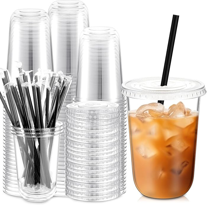 Ziliny 100 Set Clear Plastic Cups with Lids and Straws, Disposable Iced Coffee PET Cups for Drink... | Amazon (US)