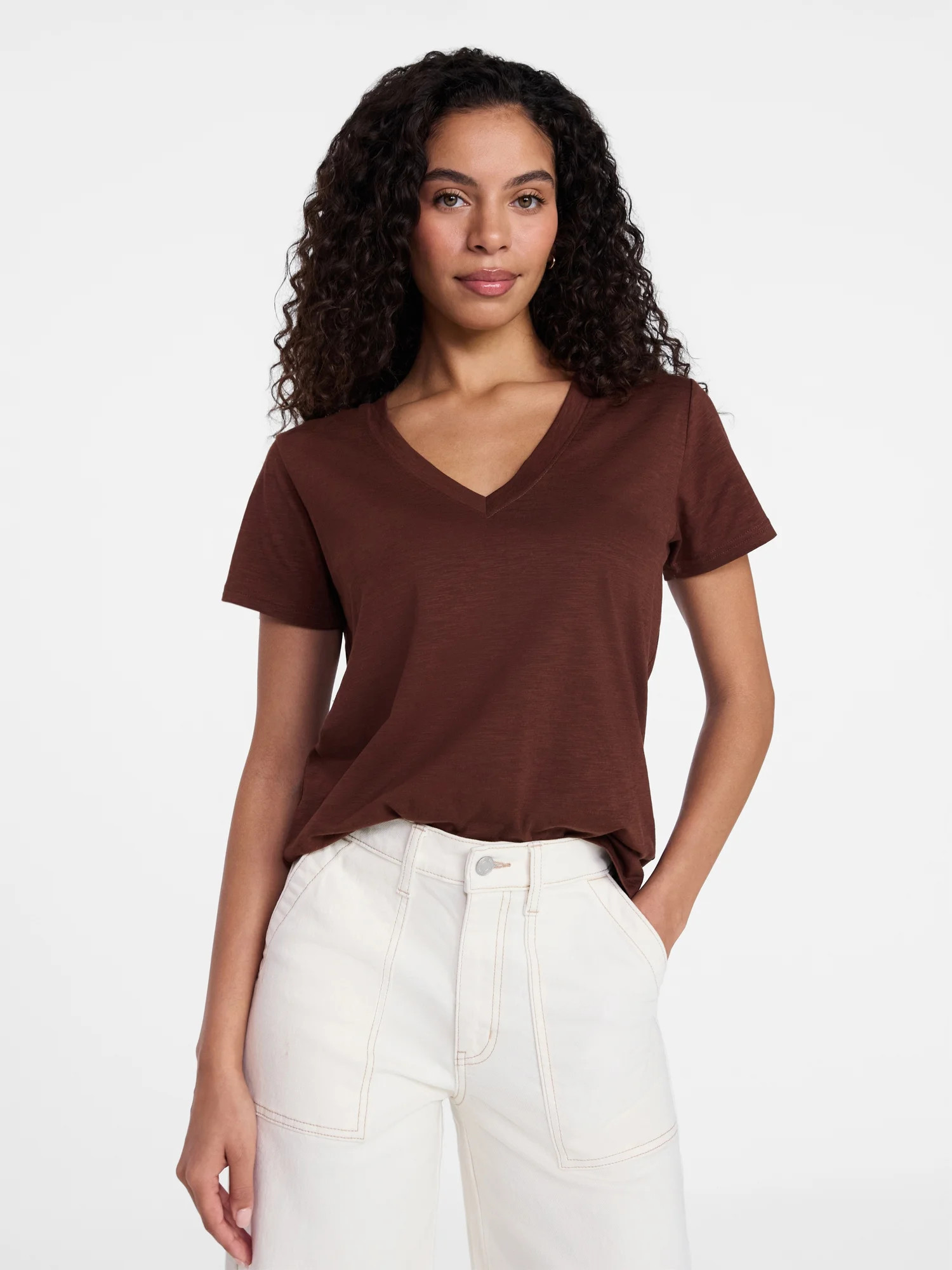 Time and Tru Women's Slub V Neck Tee with Short Sleeves, Sizes XS-XXXL - Walmart.com | Walmart (US)
