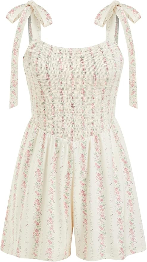 CIDER Rompers For Women Floral Tie Strap Shirred Square Neck Sleeveless Casual Jumpsuits Vacation... | Amazon (US)