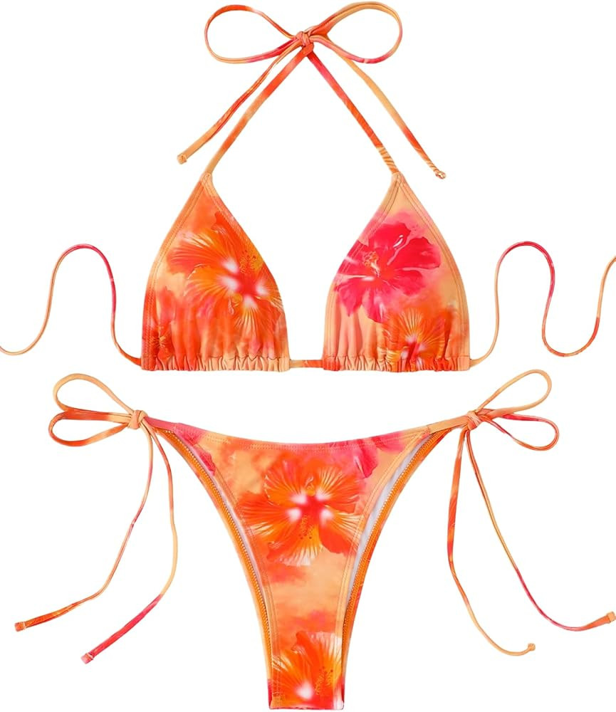 SEGT Women's 2 Piece Floral Print Halter Neck Tie Bikini Set Triangle String Thong Swimsuit Summe... | Amazon (US)