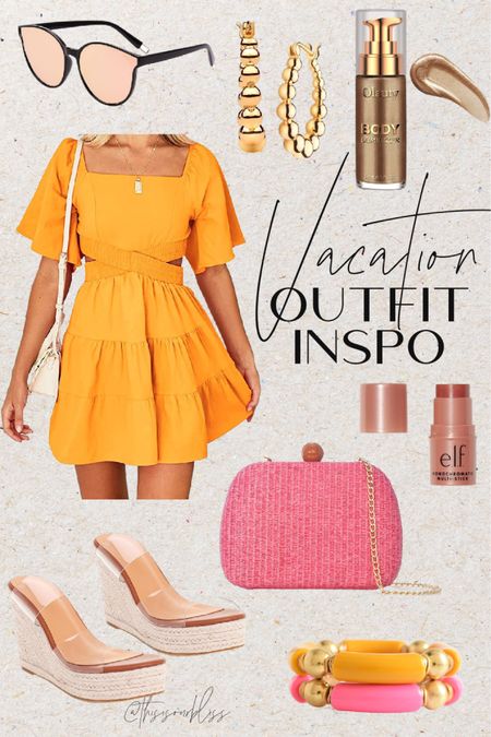 Free people dupe dress from amazon 🧡 cut out details and tiered ruffles🧡 amazon dress perfect for vacation // amazon accessories — pink woven clutch purse, clear wedge sandals, mini beaded hoop earrings
Vacation dress 
Amazon fashion
Vacation outfit idea 
Summer outfit 

#LTKstyletip #LTKFind #LTKunder50